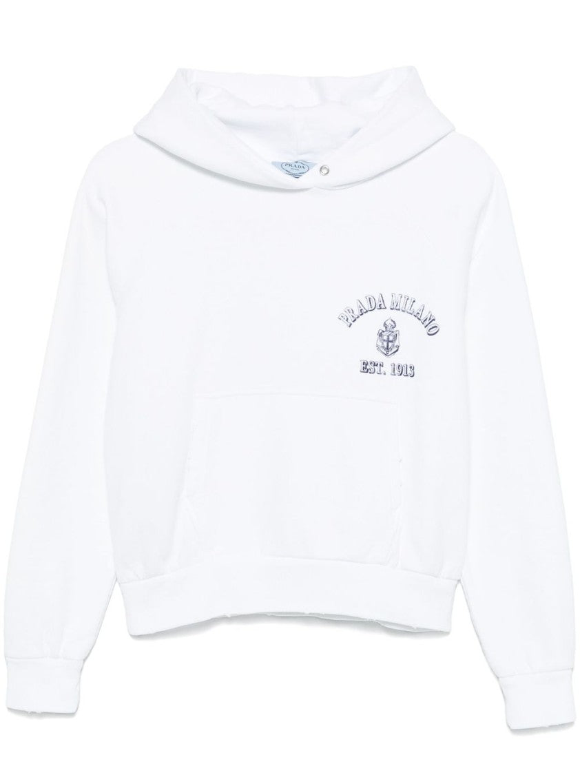 Prada Relaxed Fit White Hoodie With Embroidered Brand Detail