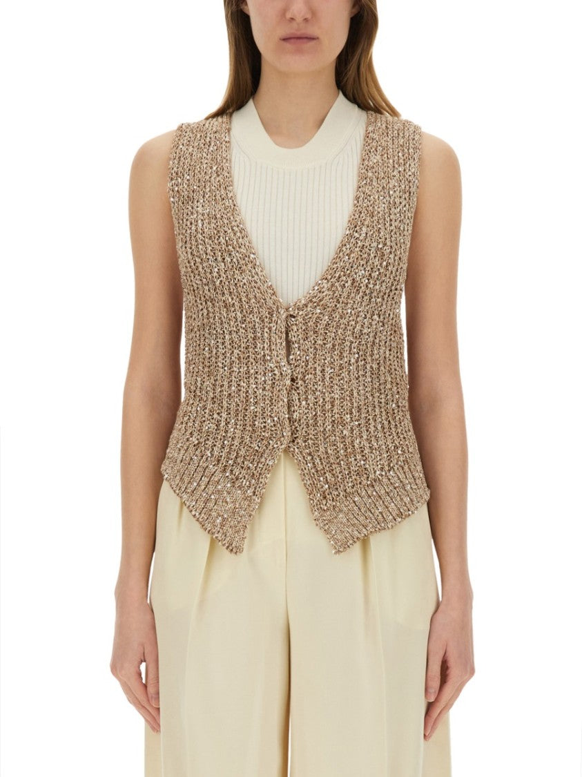 Alysi Sequined Knit Vest With Deep V-Neck