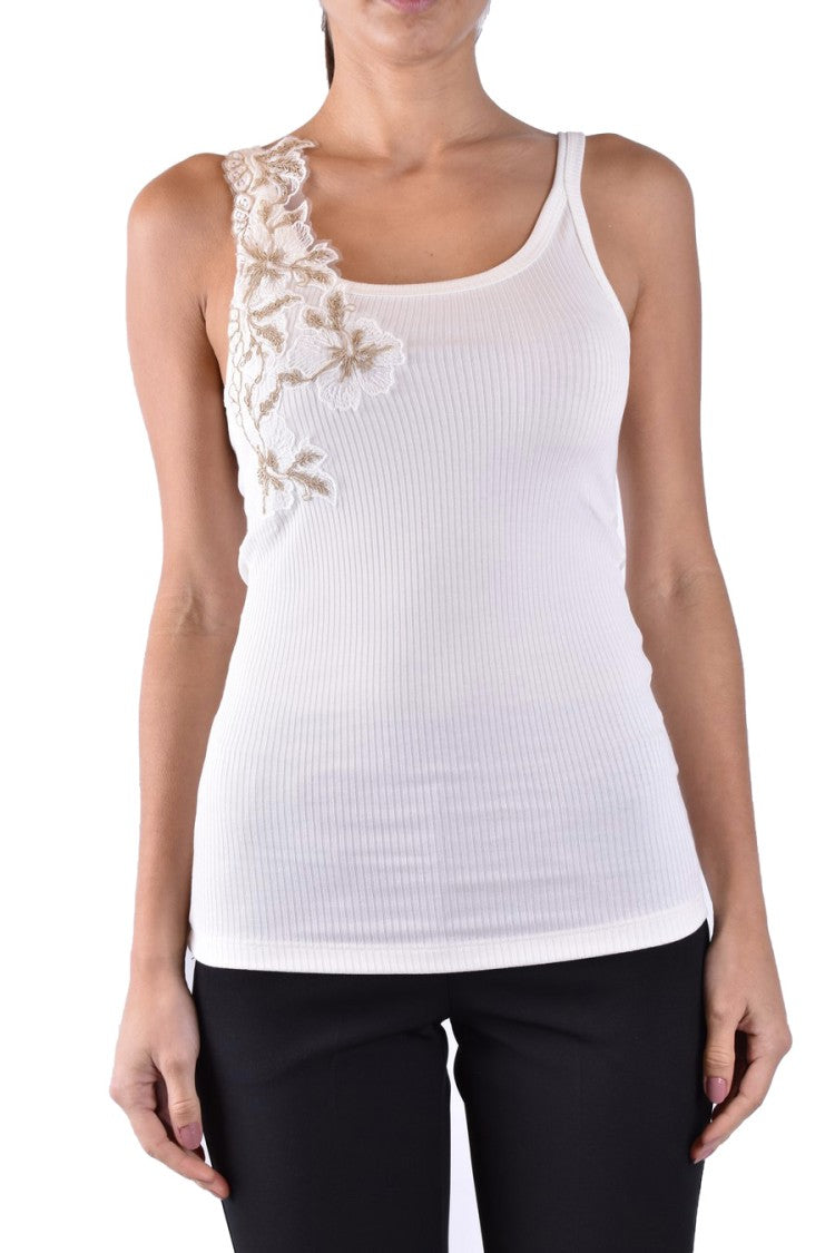 Ermanno Fitted Top With Floral Embroidery And Ribbed Texture