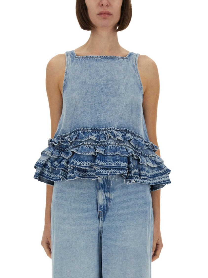 Ganni Denim Ruffle Top