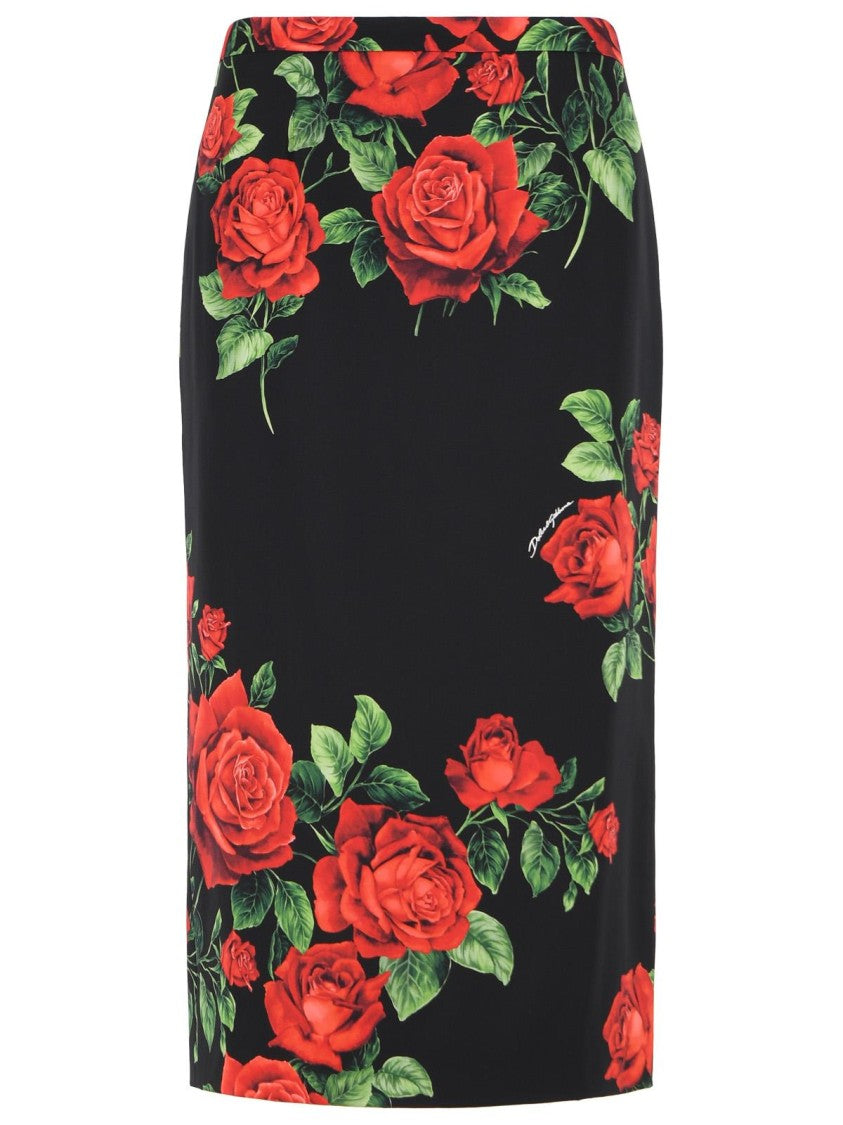 Dolce & Gabbana Black Rose Pattern Stretch Silk Midi Skirt