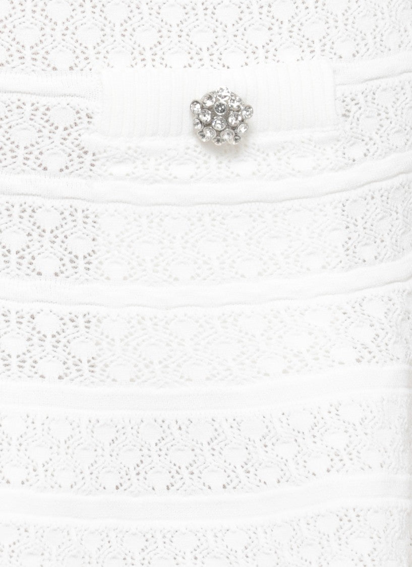 Self-Portrait Pointelle Knit Mini Skirt With Flared Silhouette And Decorative Pockets