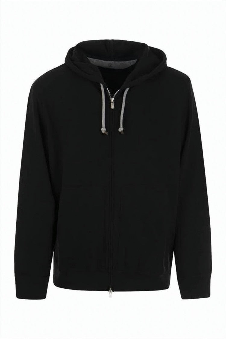 Brunello Cucinelli Zip-Up Black Hoodie With Contrasting Drawstring