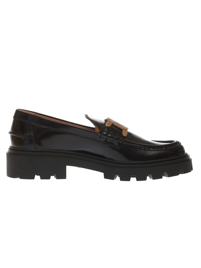Tod's Black Brushed Tank Moccasin With Chain Buckle