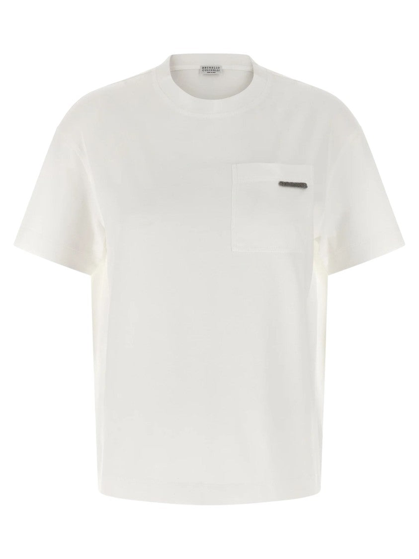Brunello Cucinelli White Metallic Pocket Detail Cotton T-Shirt