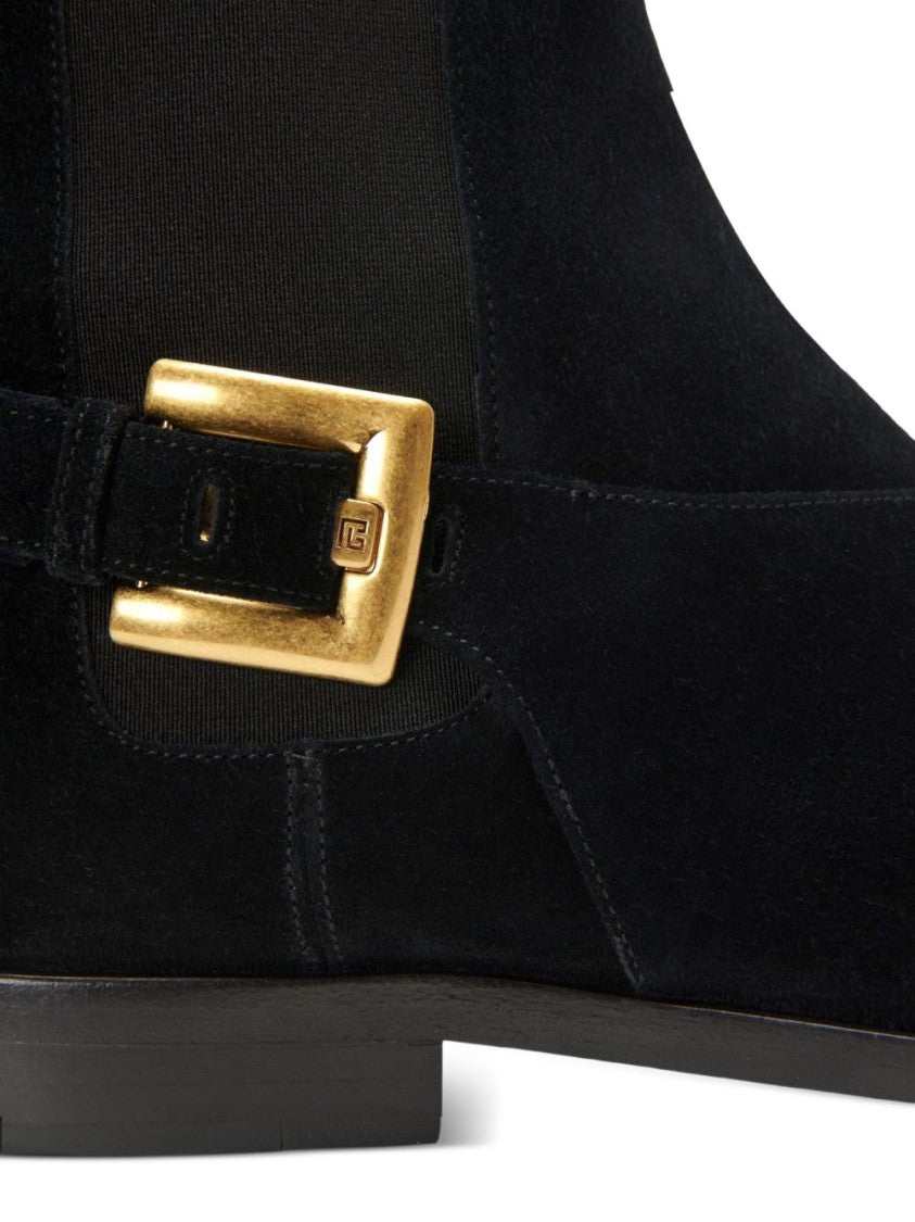 Balmain Smooth Suede Ankle Boots With Gold Buckle Detail