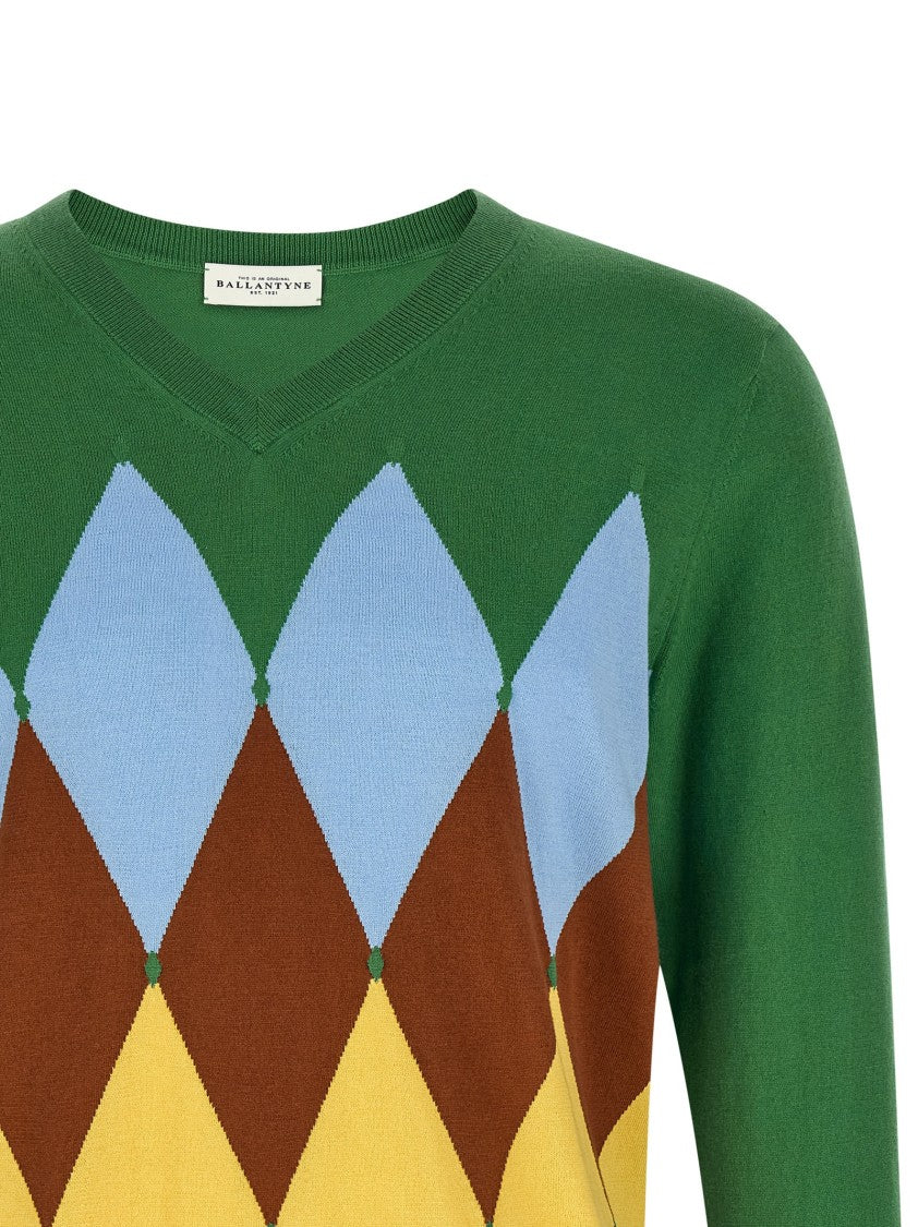 Ballantyne Argyle Jacquard Cashmere-Blend Sweater With Ribbed Hem