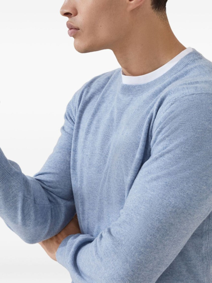 Brunello Cucinelli Light Blue Cashmere Sweater With Crew Neck