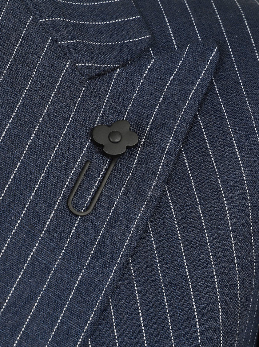 Lardini Double-Breasted Blue Pinstriped Linen Jacket With Wide Lapel