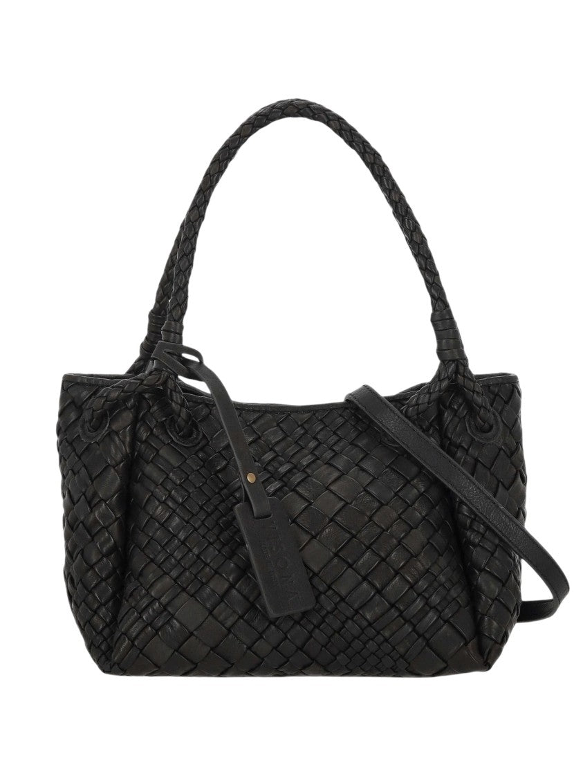 Visona` Woven Black Leather Shoulder Bag With Braided Handles