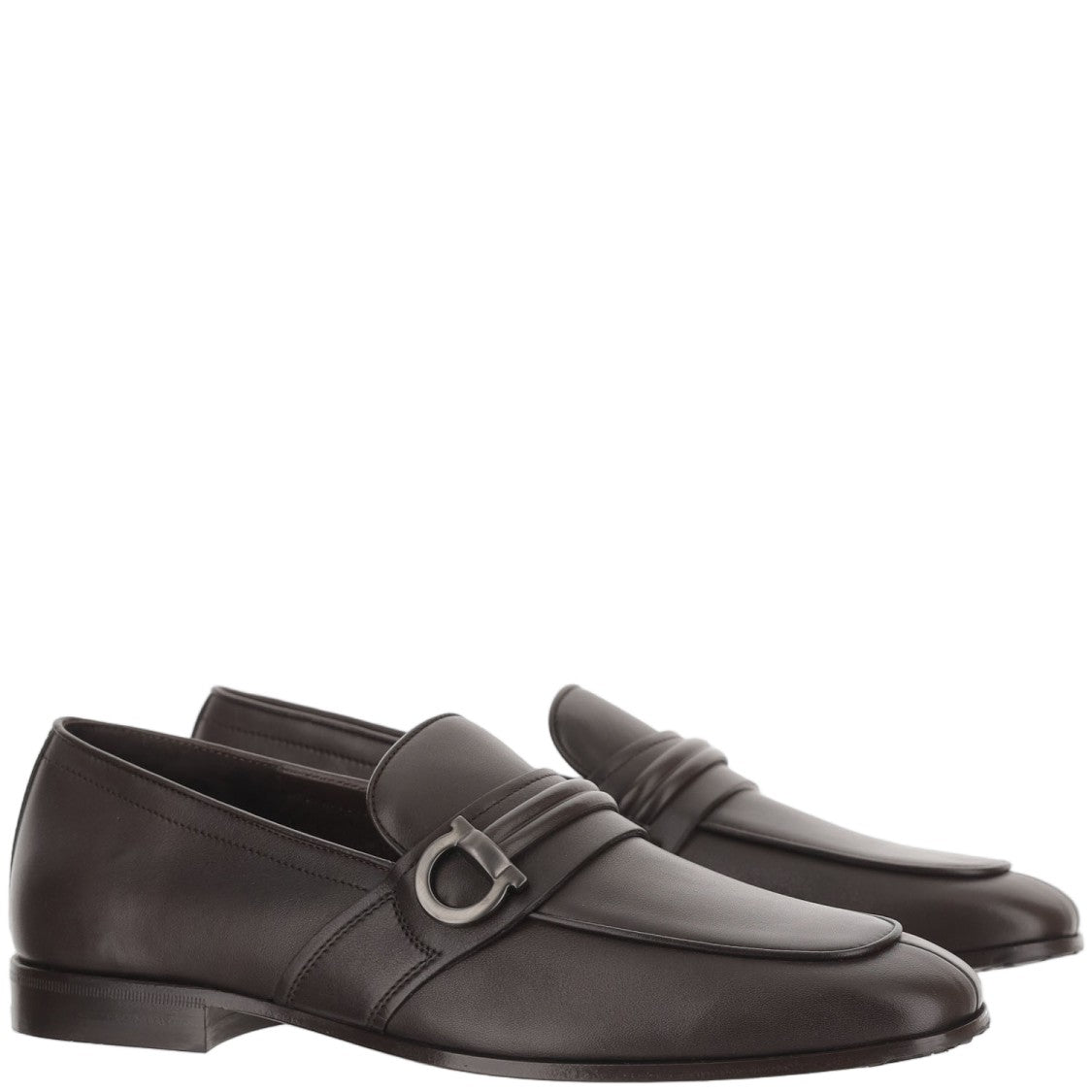 Salvatore Ferragamo Dark Brown Tubular Hook Detail Leather Loafers