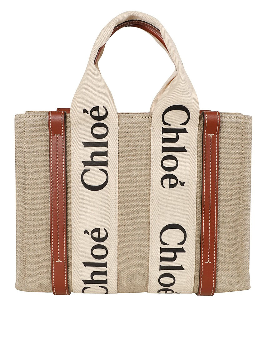 Chloé Textured Linen Canvas Tote With Calfskin Trim