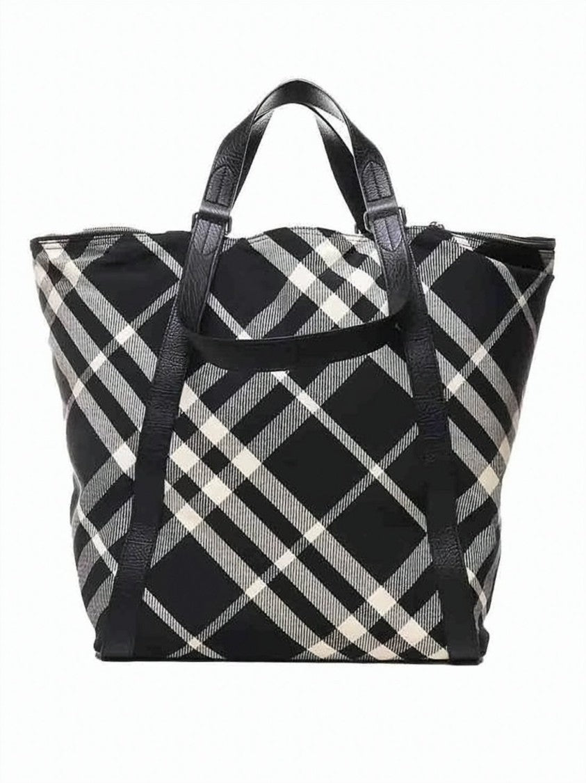 Burberry Spacious Checkered Tote Bag With Calf Leather Trim