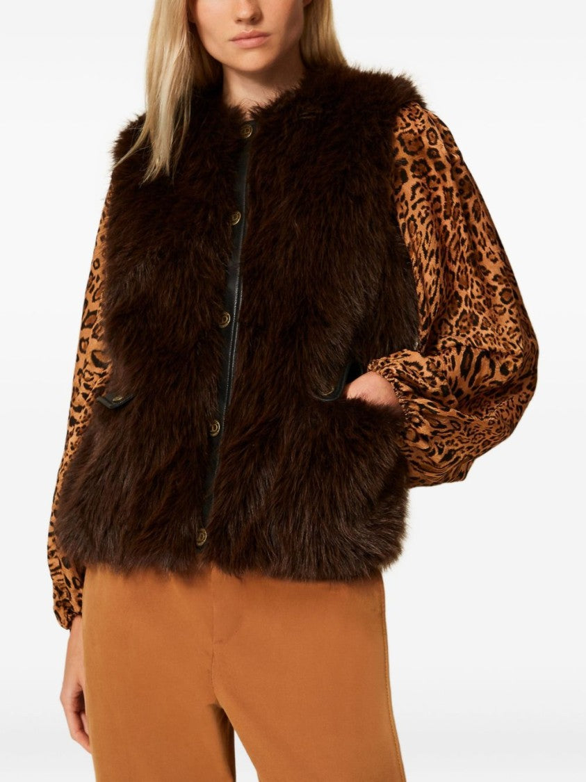 Twin-Set Sleeveless Faux Fur Vest With Leather Accents