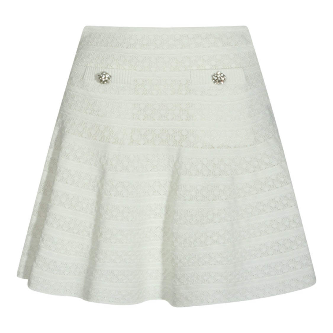 Self-Portrait Flared Mini Skirt With Lace Pattern And Rhinestone Buttons