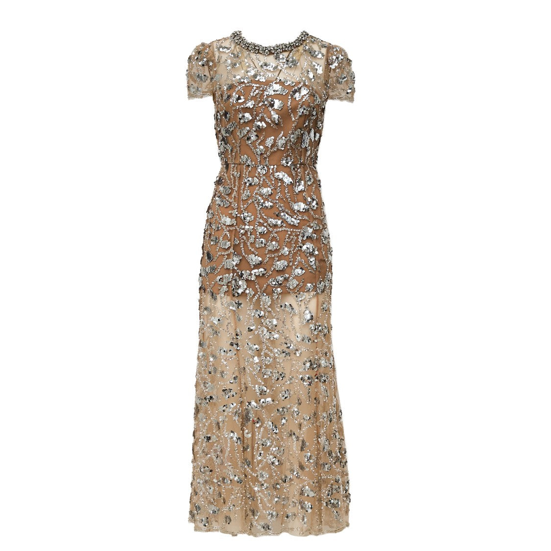 Self-Portrait Silver Sequin Embellished Midi Dress With Flared Silhouette