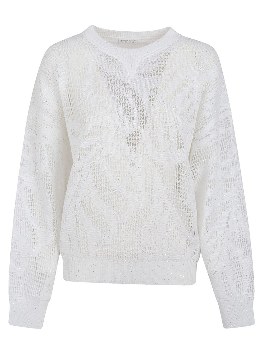 Brunello Cucinelli Open-Knit Linen Blend Sweater With Subtle Sequin Detail