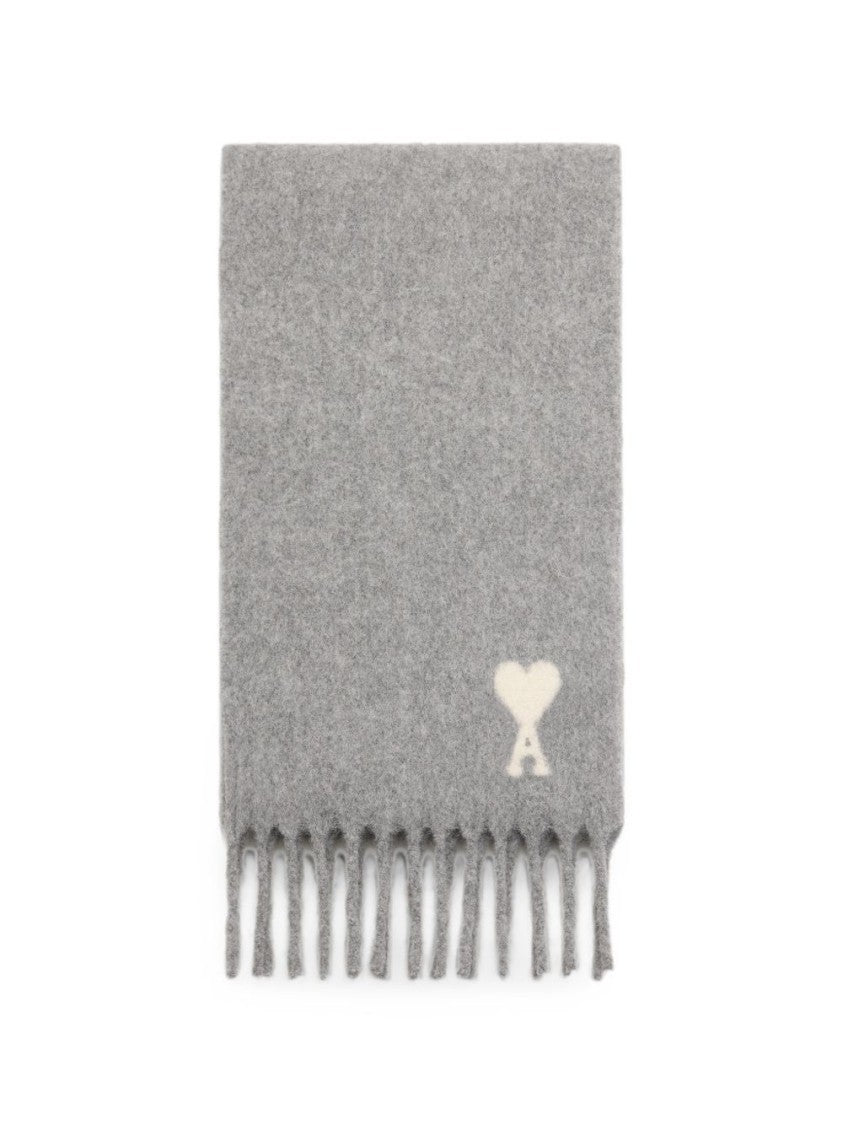 Ami Paris Grey Heart Motif Fringed Silk-Nylon Scarf