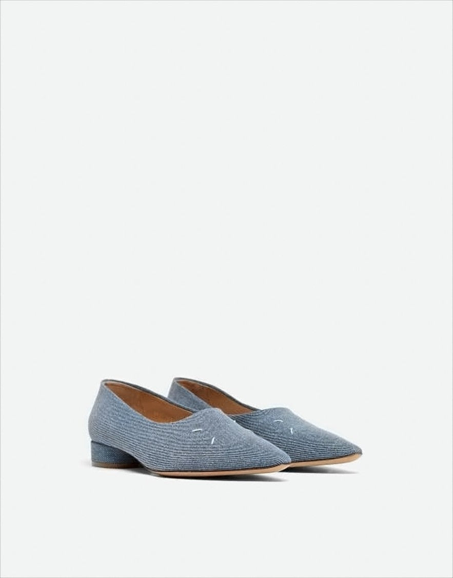 Maison Margiela Textured Denim Pointed-Toe Pumps With Low Block Heel