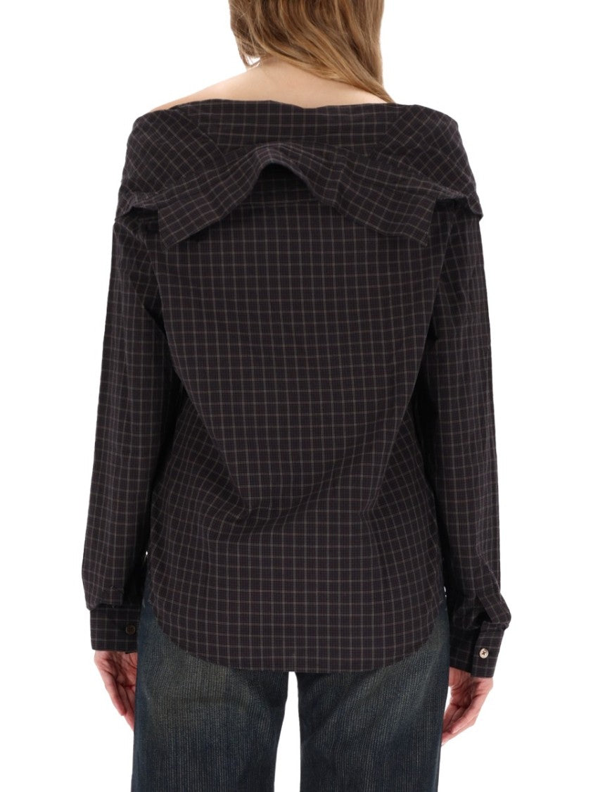 Our Legacy Off-The-Shoulder Black Shirt With Subtle Grid Pattern
