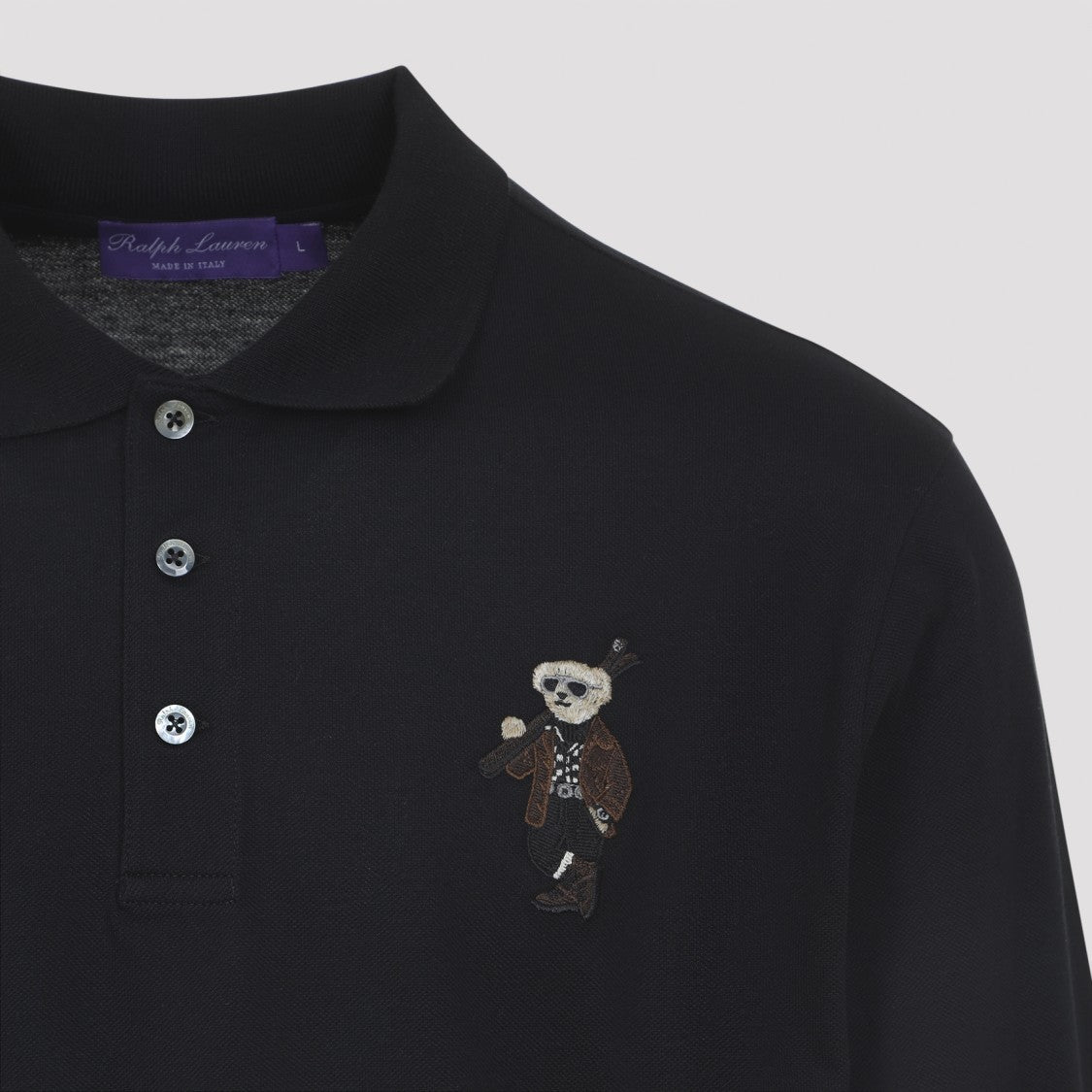 Ralph Lauren X Purple Label Bear Long Sleeve Black Cotton Polo
