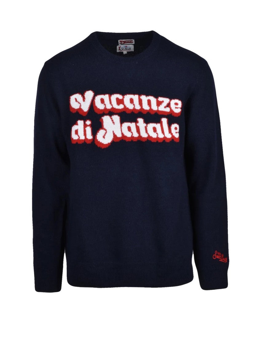 Mc2 Saint Barth Navy Crewneck Sweater With Bold Textured Lettering
