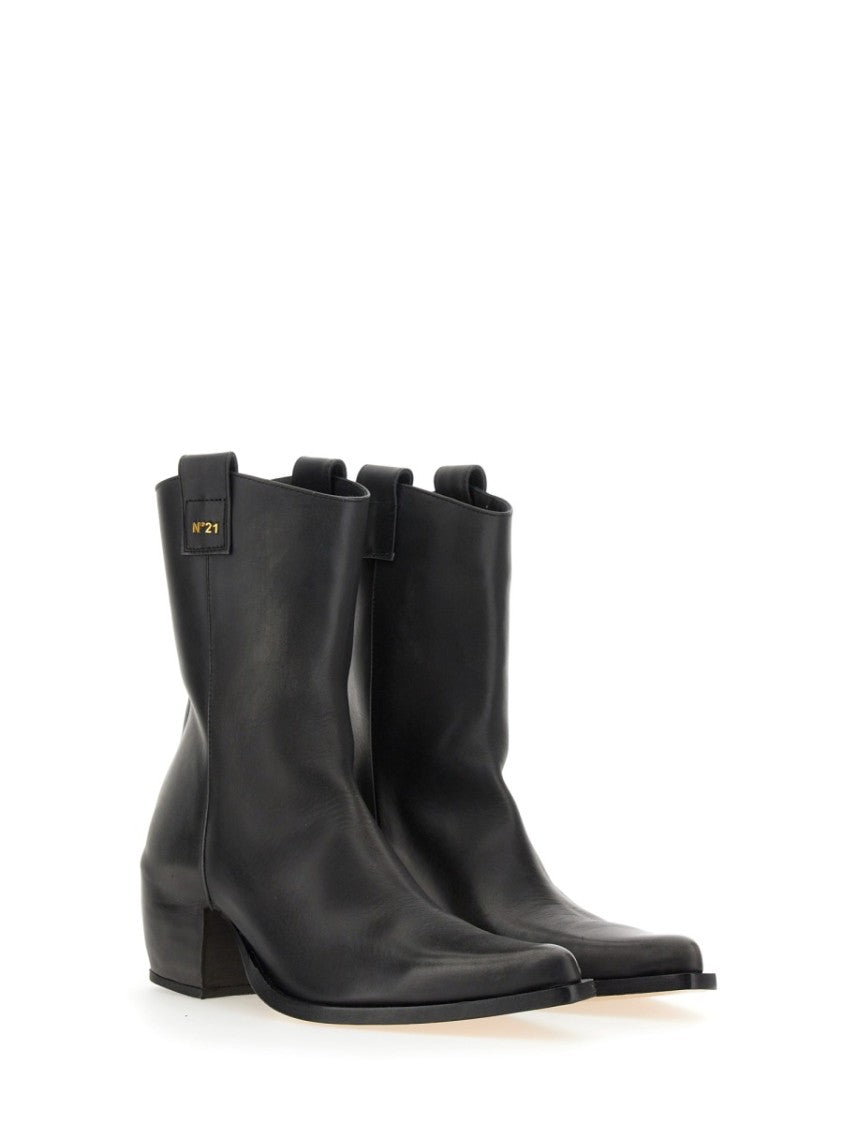 N°21 Pointed Toe Leather Boots With Block Heel