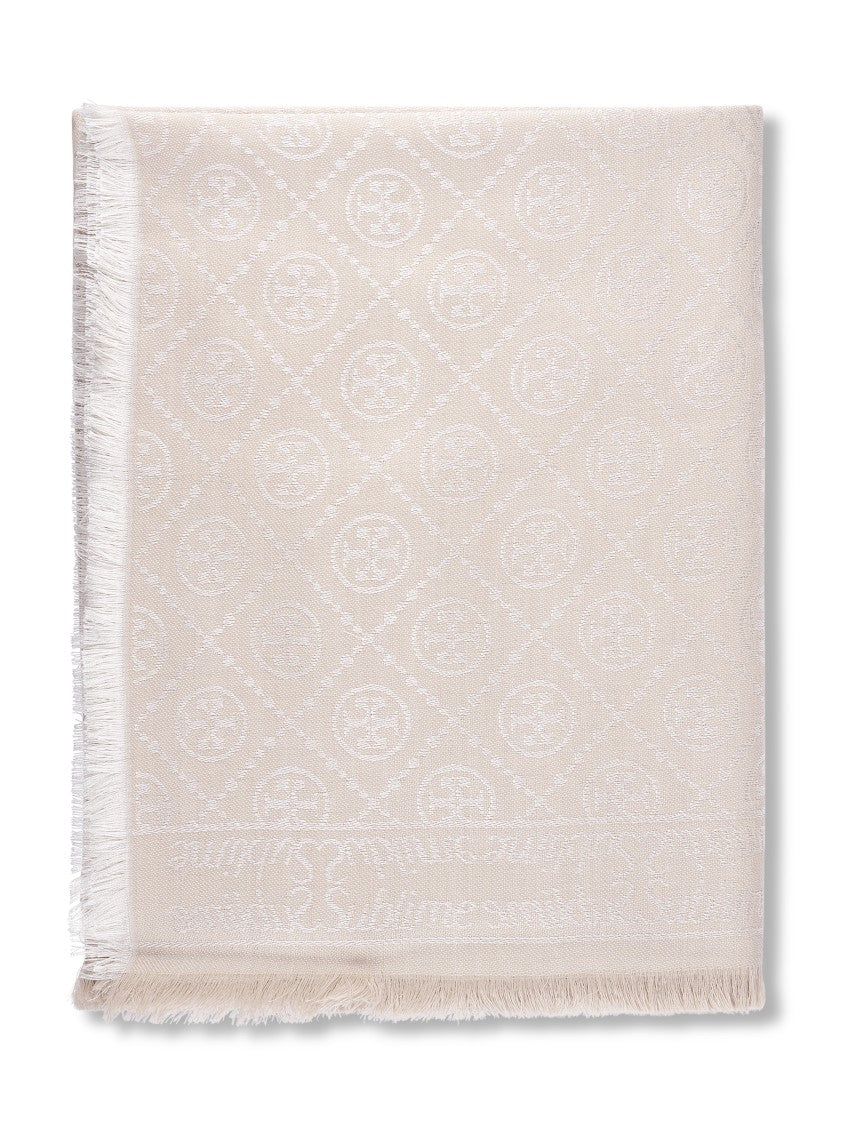 Tory Burch T Monogram Jacquard Oblong Scarf With Fringed Edges