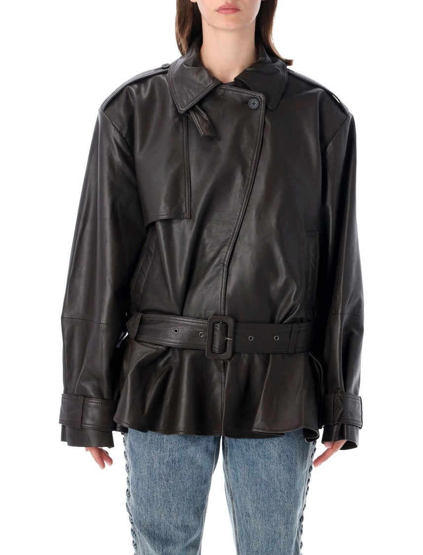 Rotate Structured Peplum Biker Jacket In Soft Lambskin Leather