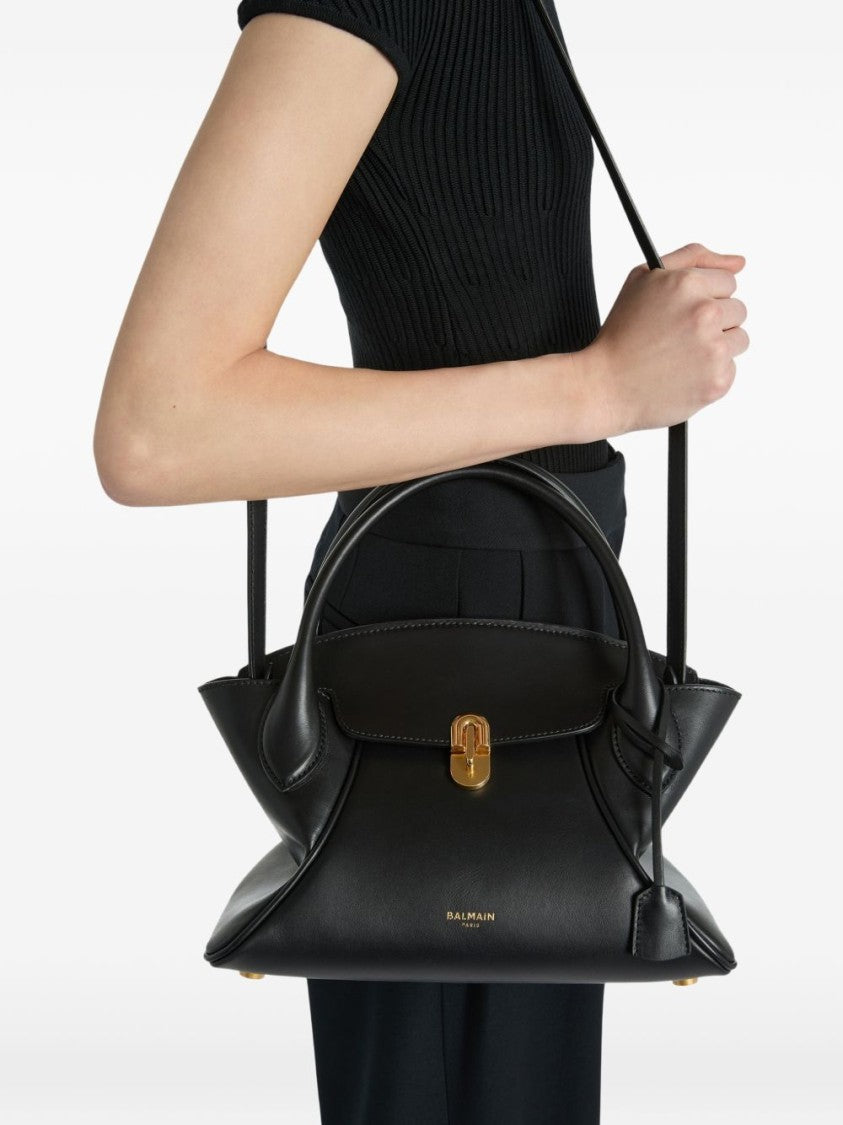 Balmain Star-Shaped Black Leather Handbag With Gold Accents