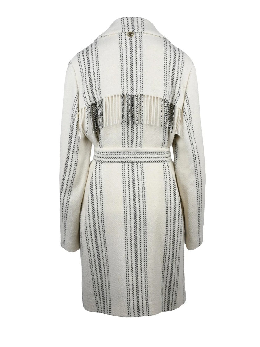 Twin-Set Fringe-Detail White Twinset Coat With Belted Closure