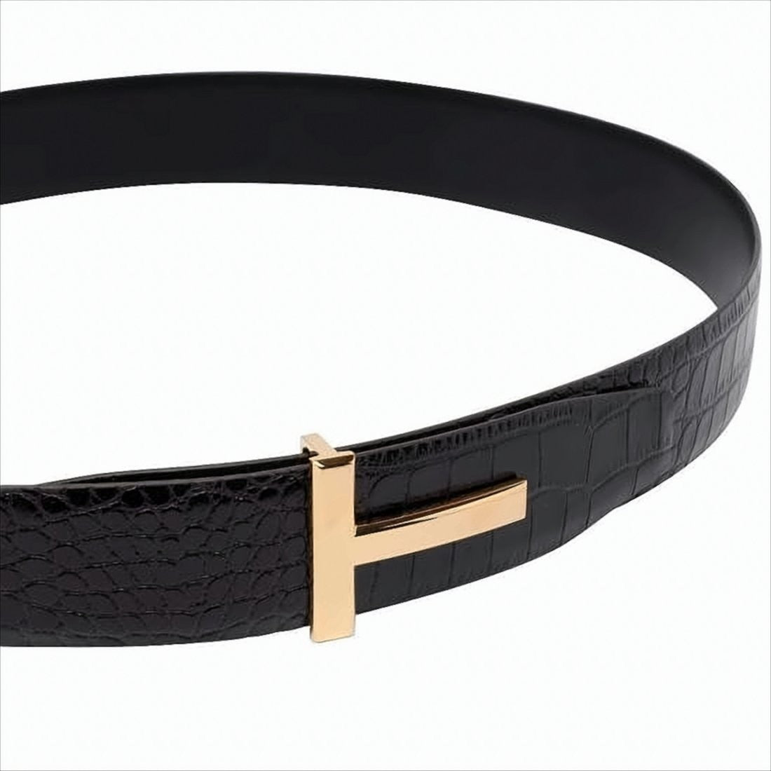 Tom Ford Textured Crocodile Pattern Leather Belt With Polished T-Buckle