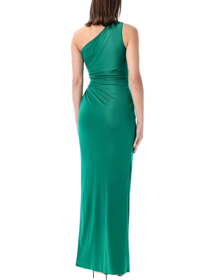 Versace One-Shoulder Draped Long Gown With Iconic Medusa Detail