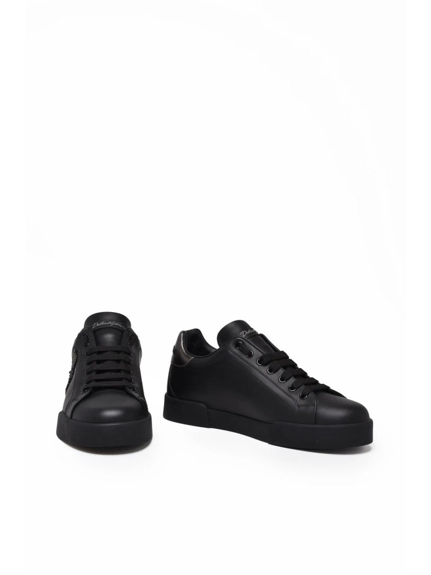 Dolce & Gabbana Black Dauphine Crest Leather-Blend Low-Top Sneakers
