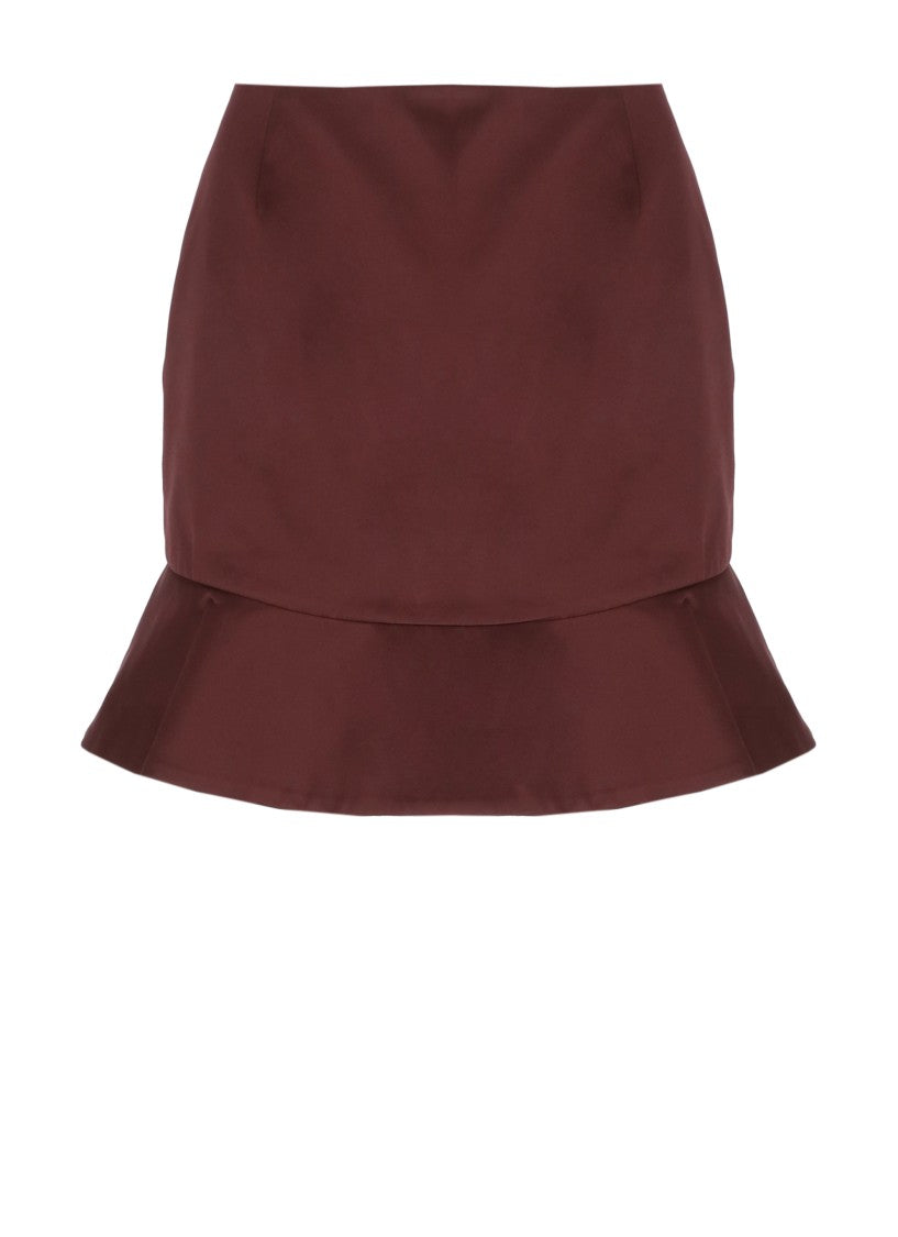 Rotate Bordeaux Satin Mini Skirt With Flounce Hem And Side Zip
