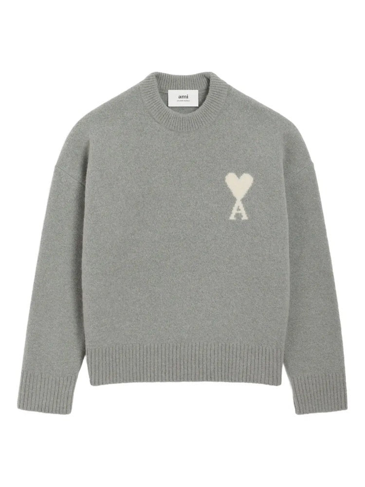 Ami Paris Relaxed Fit Grey Sweater With Heart Emblem And Ribbed Details