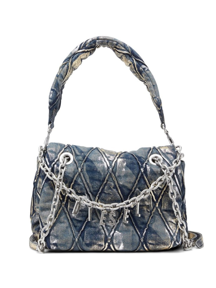 Diesel Quilted Metallic Handbag With Chain Detail And Padded Handle