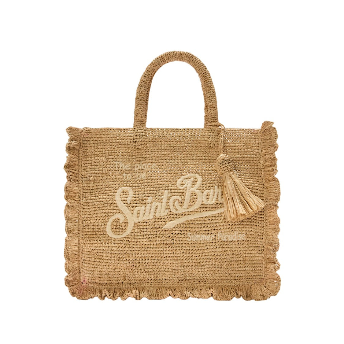 Mc2 Saint Barth Naturally Woven Raffia Tote With Embroidered Logo And Fringed Trim
