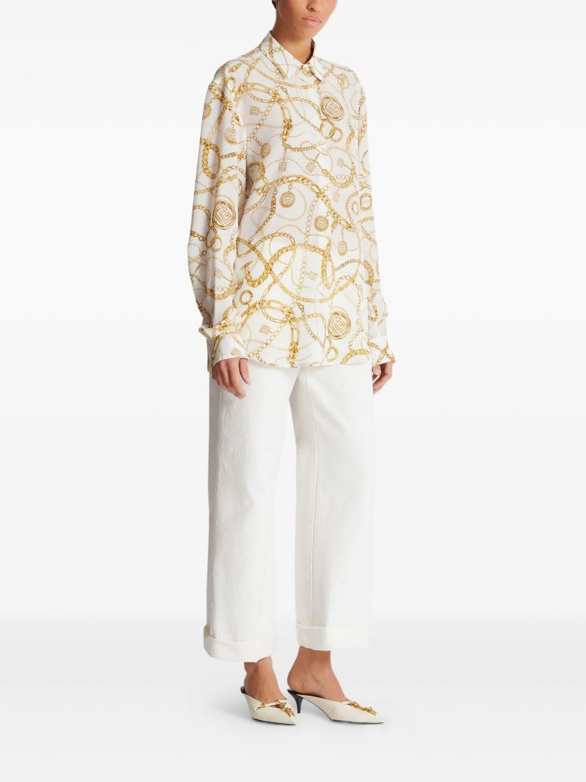 Balmain White Ls Shirt Chain Print Silk Shirt