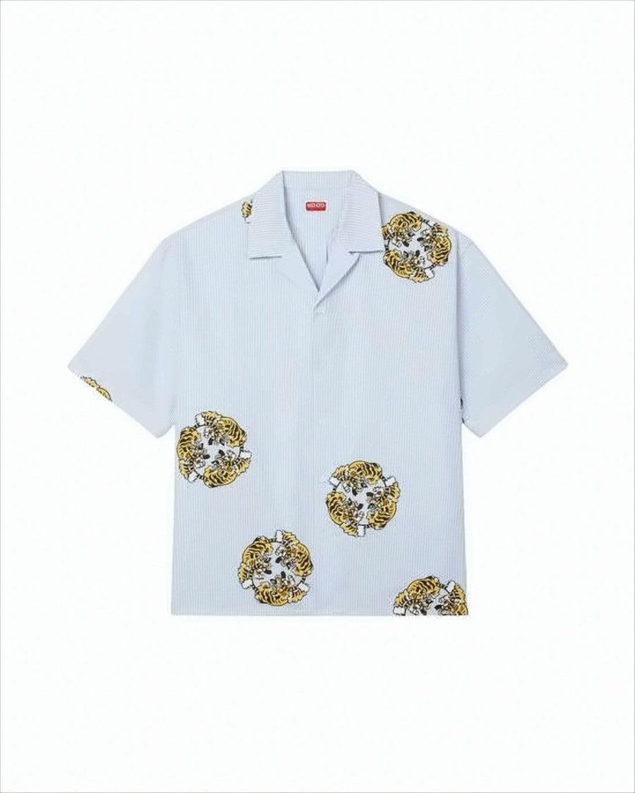 Kenzo Short-Sleeved Light Blue Shirt With Tiger Motifs