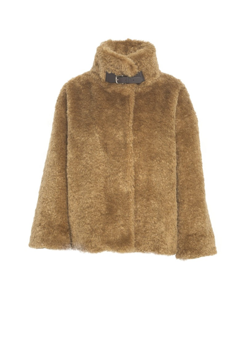Herno Plush Faux Fur Jacket With High Collar And Buckle Closure