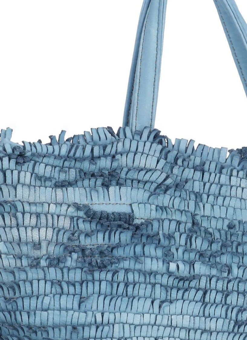 Majo Blue Textured Micro-Fringe Shoulder Bag