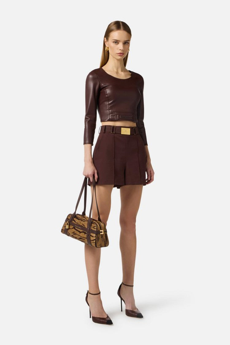 Elisabetta Franchi Brown Gold-Buckle Logo Belt Polyamide-Blend Shorts