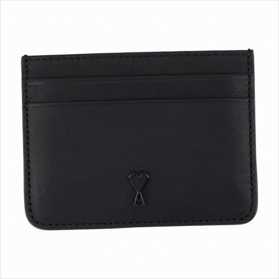 Ami Paris Minimalist Black Calf Leather Card Wallet