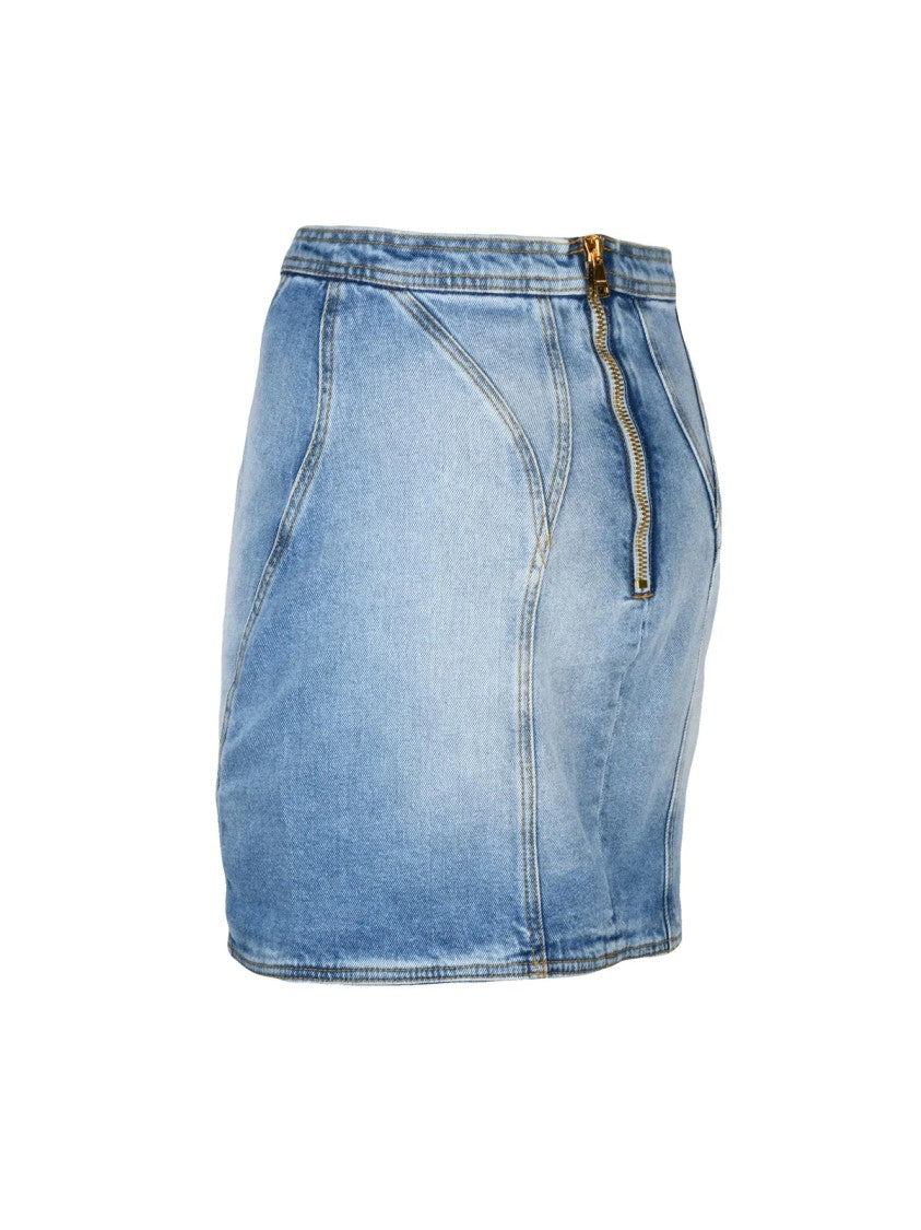 Balmain Light Blue Stretch Denim Mini Skirt With Ornate Button Detailing