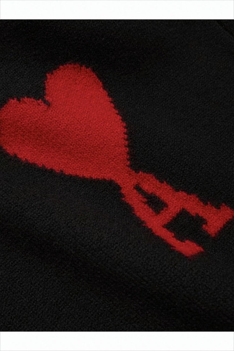 Ami Black Wool Sweater With Red Heart Design