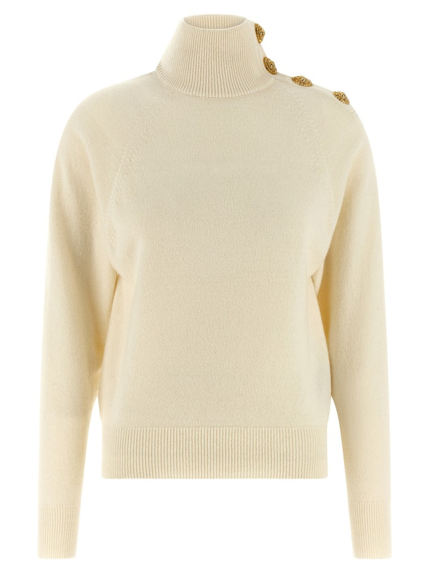 Balmain Cashmere Wool Sweater With High Neck And Lion Head Button Detail
