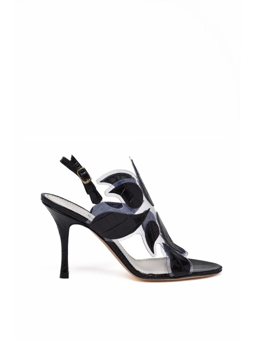 Antonio Barbato Black Covered-Heel Leaf Appliqué Leather Sandals