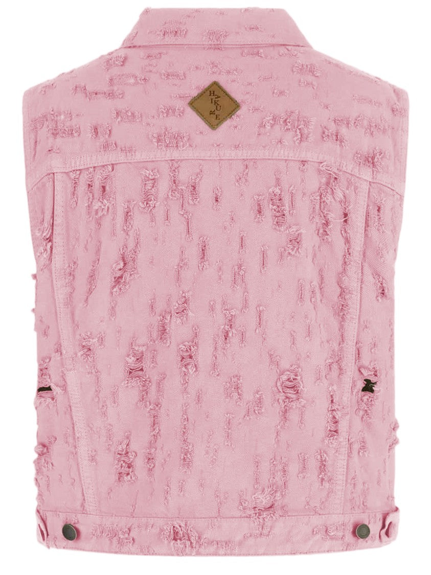 Haikure Fringed Cotton Denim Vest With Classic Collar