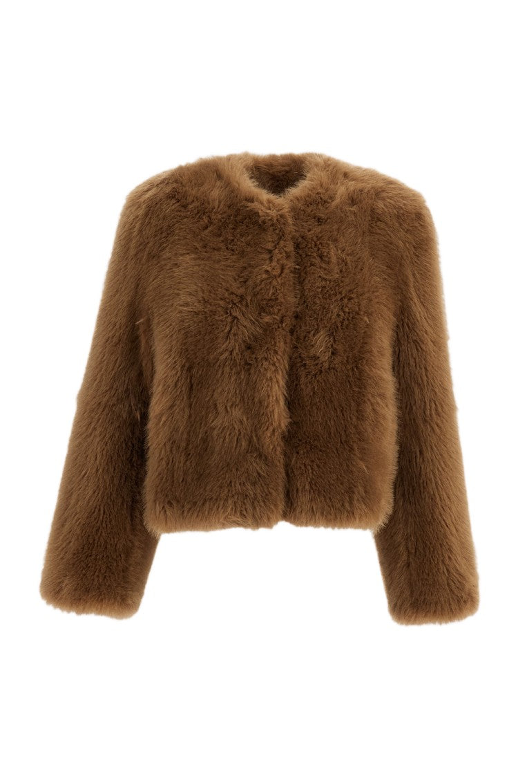 Stand Studio Beige Halle Collarless Boxy Faux Fur Jacket